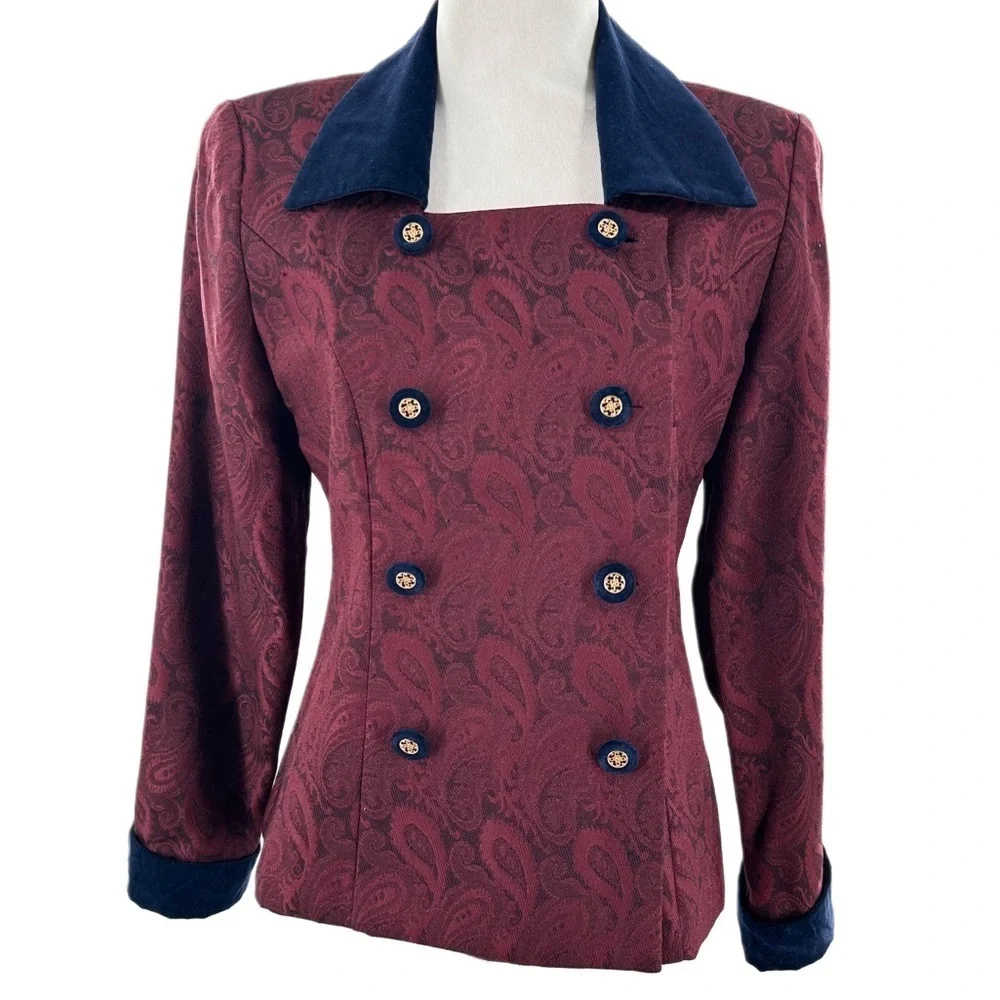 Jessica Howard blazer size 4 burgundy navy velvet paisley double breasted 90s